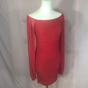 Tight Red Long-Sleeve Ruched Bodycon Dress Size Small
